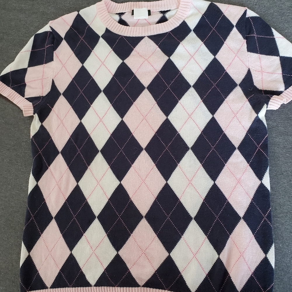 J. Crew Pink Black White Argyle Short Sleeve Sweater